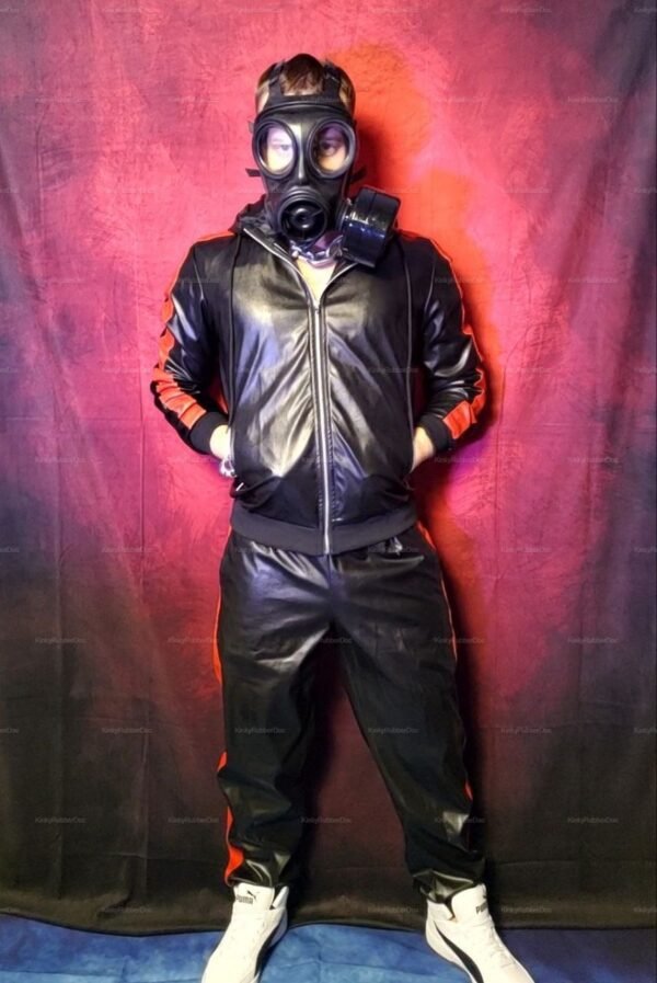 Edgy black and red faux leather tracksuit with gas mask, exuding a bold and adventurous vibe.