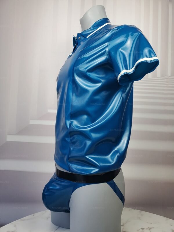 Sleek blue latex polo shirt and matching underwear set with white trim, designed for a bold and stylish look.