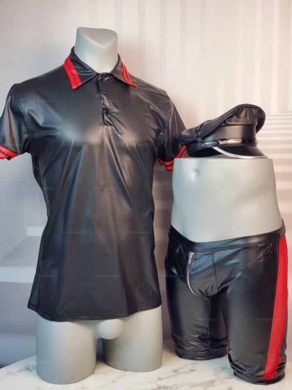 Shiny black polo shirt and shorts with red accents, featuring a sleek fetish design.
