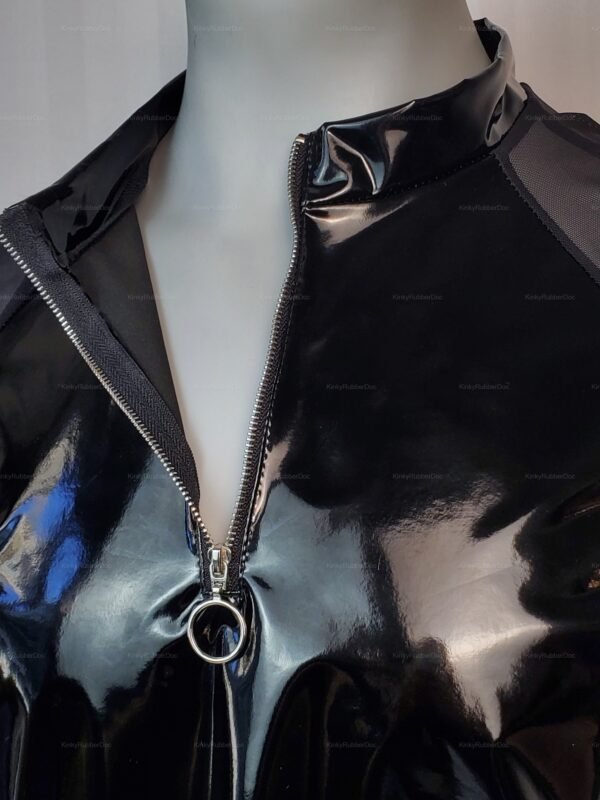 Shiny black shirt with zipper and mesh details.