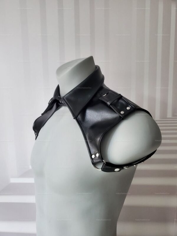 Black leather short-style chest harness with silver stud accents.