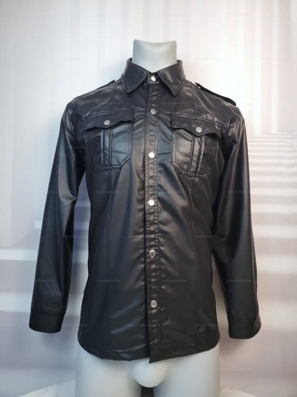 Sleek black vegan leather long-sleeve shirt with button details.