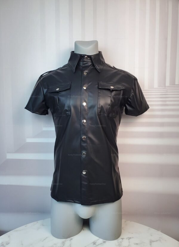 Black vegan leather shirt with snap buttons and a sleek collar.