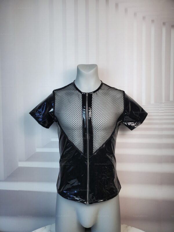 Black vinyl shirt with fishnet design and front zipper.