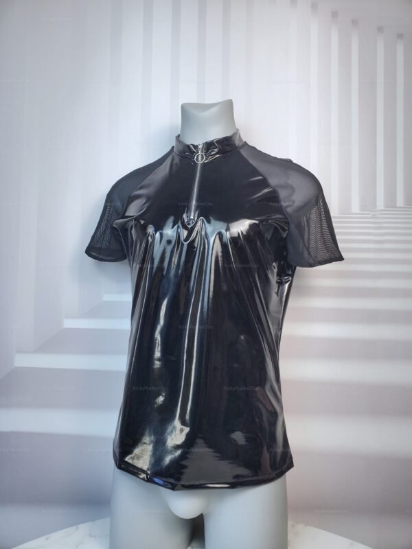 Black wet-look shirt with mesh sleeves and a high collar zipper detail.