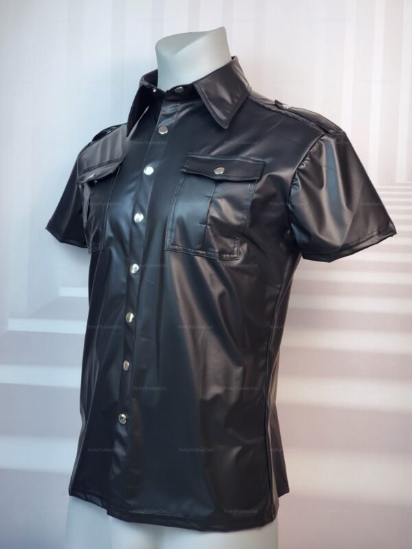 Sleek black wetlook short-sleeve shirt with button details and pocket accents.