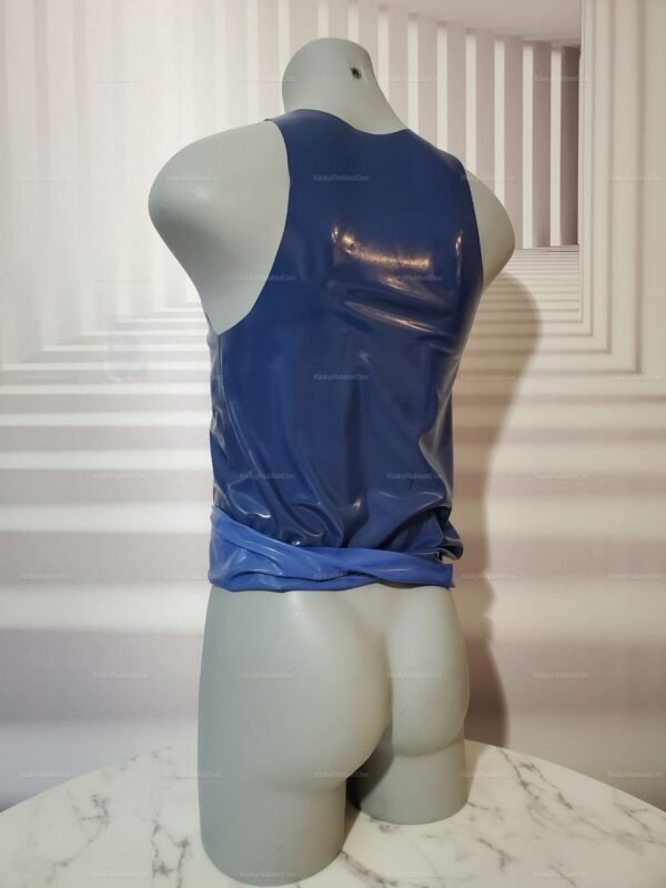 Sleek blue double-layer latex shirt showcasing glossy texture and snug fit.