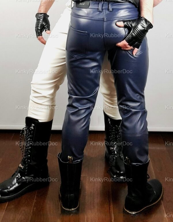 Two men wearing Lined Leather Pants with combat boots and gloves, perfect for parties or fetish fashion.
