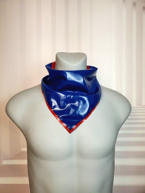 Shiny blue latex bandana with red trim.