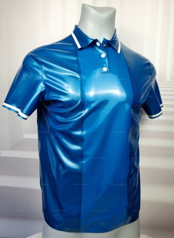 Shiny blue latex polo shirt with custom stripe detailing and contrasting trim.