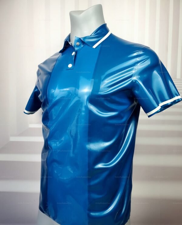 Shiny blue latex polo shirt with white collar and buttons.