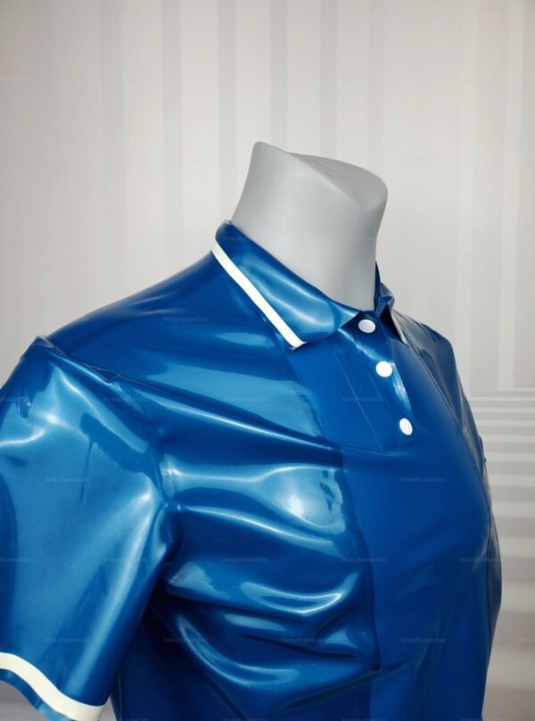 Shiny blue latex top with white trim and button details.