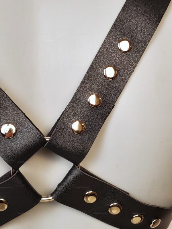 Black leather chest harness with metallic studs and an edgy design.