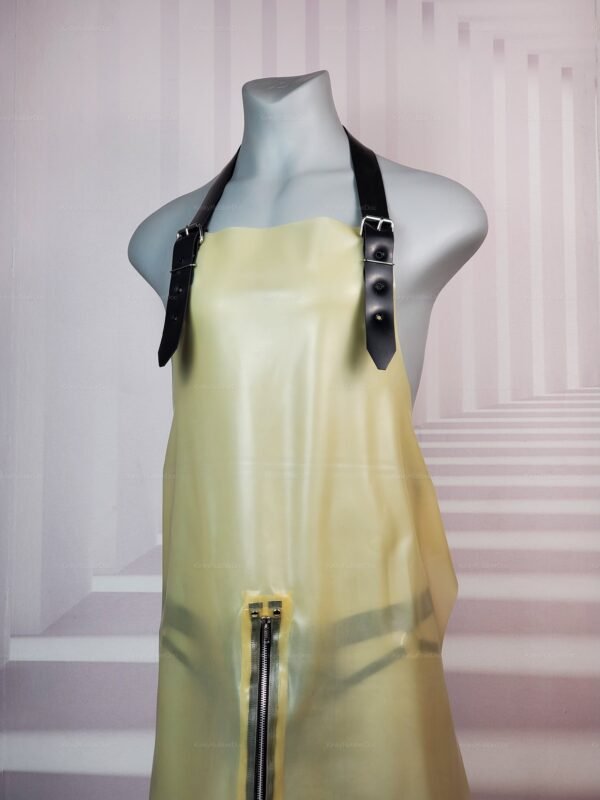 Clear rubber apron with black straps and front zipper, designed for unisex kink fashion.