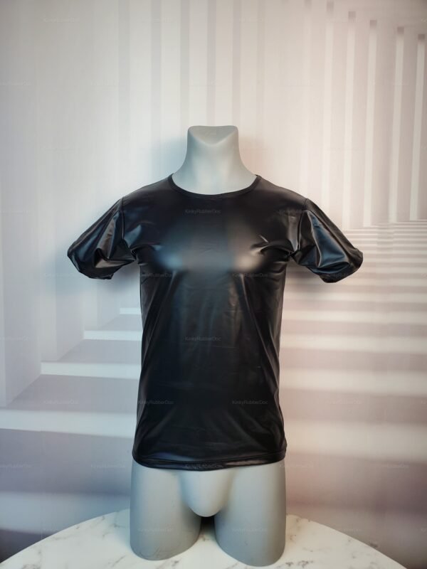 Black faux leather shirt with a glossy finish, designed for an edgy and bold look.
