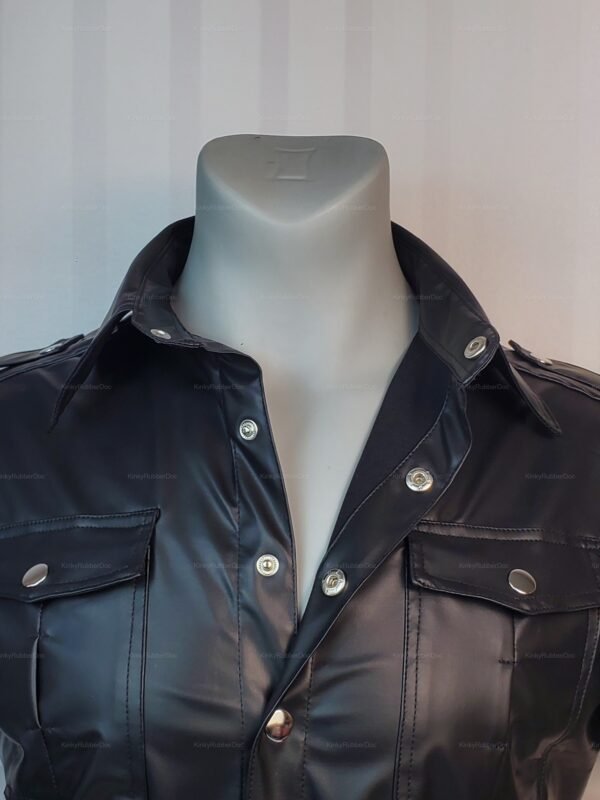 Sleek faux leather shirt with metallic snap buttons and a slim-fit design.