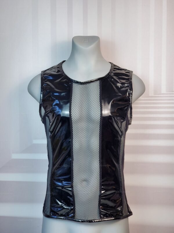 Sleek black PVC top with mesh panel detailing for a bold, edgy look.