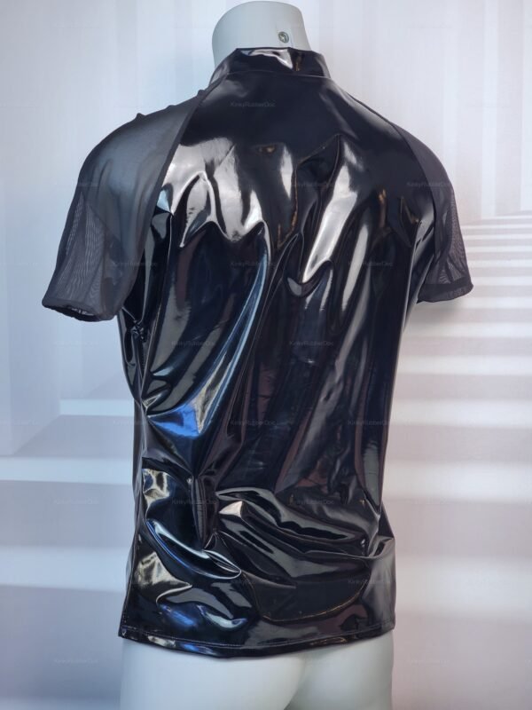 Shiny black PVC shirt with mesh sleeves, offering a sleek and seductive look.