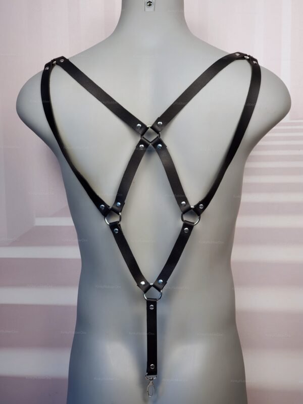 Black criss-cross back strap harness with metal rings and rivets.