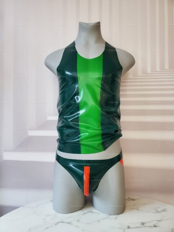 Custom-color latex sleeveless shirt and jockstrap set in green with a vibrant central stripe.