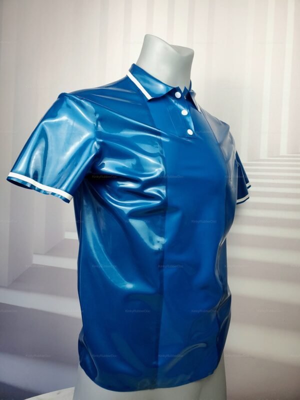 Blue latex polo shirt with white trim, featuring a glossy finish and structured design.