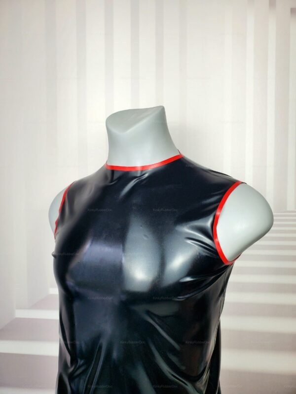 Sleek black latex sleeveless top with striking red edging.