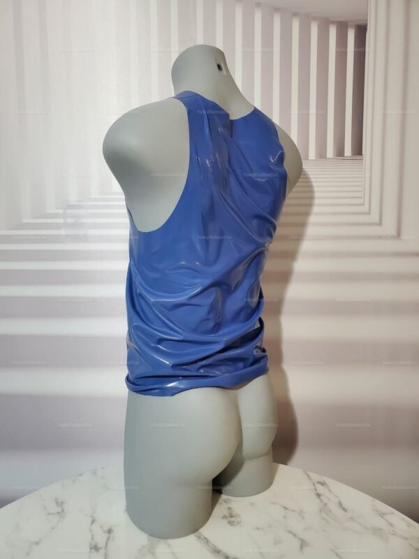 Custom latex top in vibrant blue with a glossy finish.