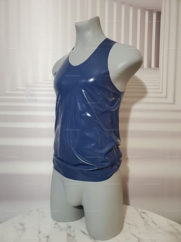 Double-sided navy blue latex tank top with a glossy finish.