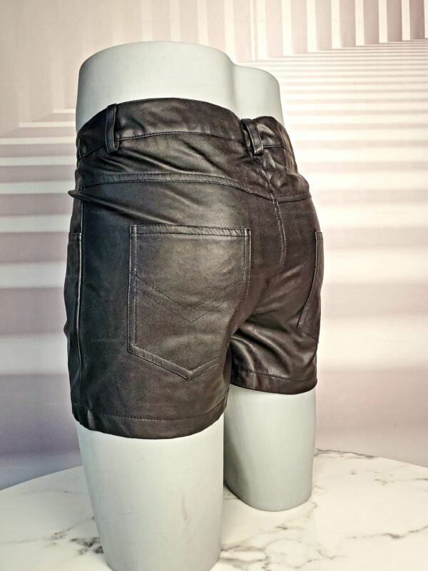 Edgy faux leather men's shorts in a sleek black finish.