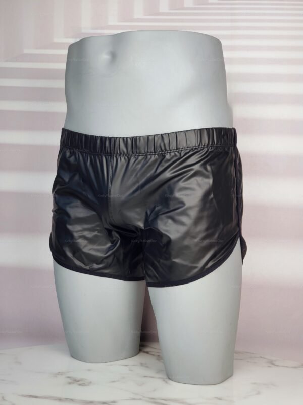 Sleek black faux leather shorts with an elastic waistband, designed for a bold, edgy look.