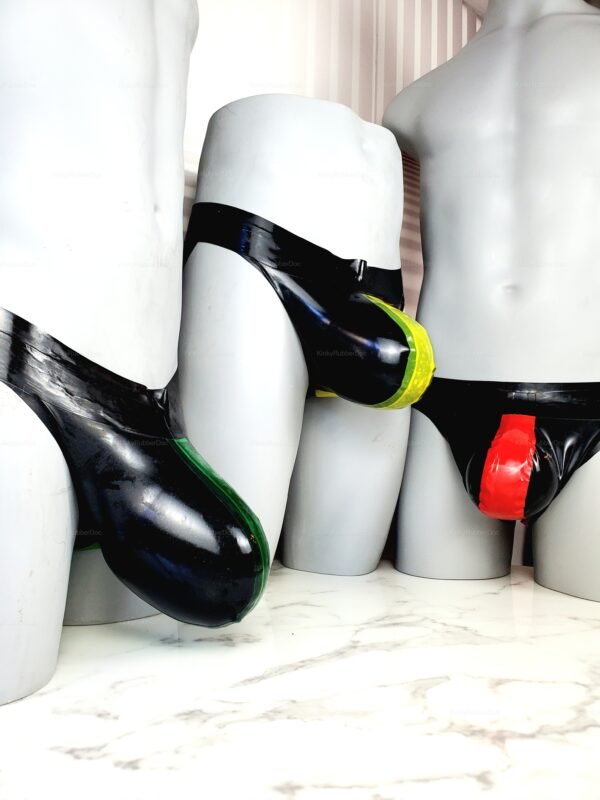 Latex jockstrap with extra-large pouch featuring a vibrant yellow centerline.
