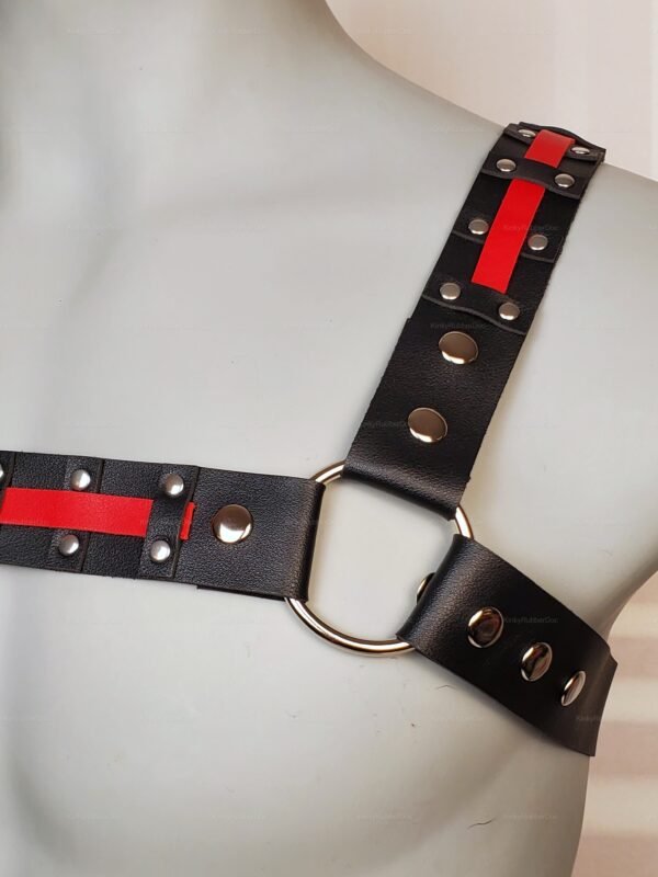 Black and red leather harness with metal studs and rings.