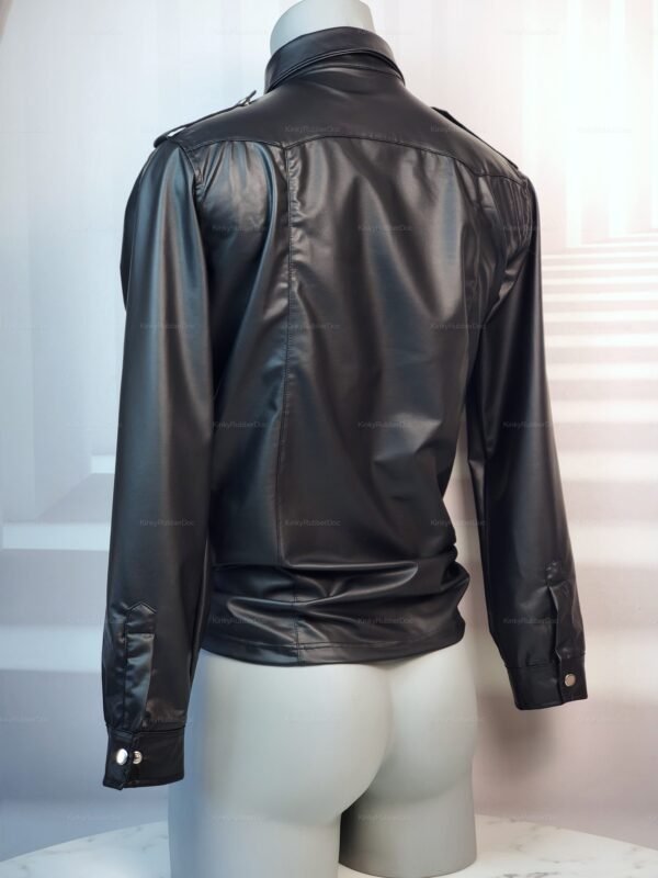Sleek black faux leather long-sleeve shirt with shiny finish and buttoned cuffs.