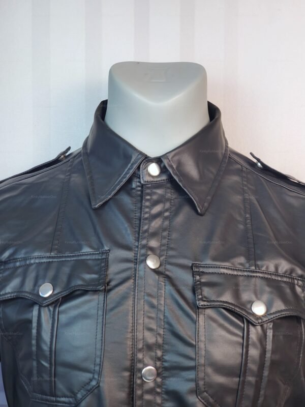 Close-up of black faux leather Leather Long Sleeve Shirt  with chest pockets and collar