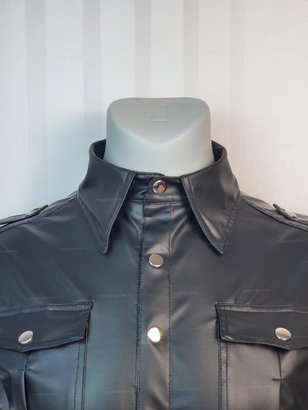 Faux leather short-sleeve snap shirt with metallic accents.