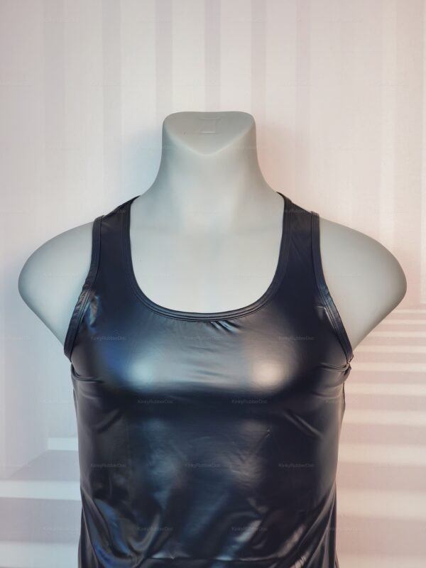 Black faux Leather Stretch Tank Top on mannequin with scoop neckline and glossy finish