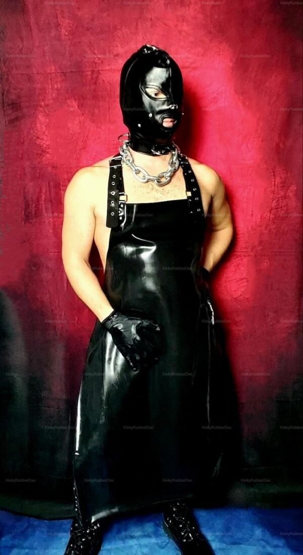 Black latex fetish apron with chain accessory and matching hood.