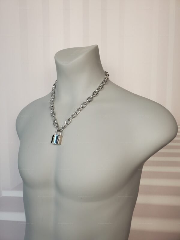Silver Lightweight Chain Collar with a padlock detail, designed for a bold and edgy statement.