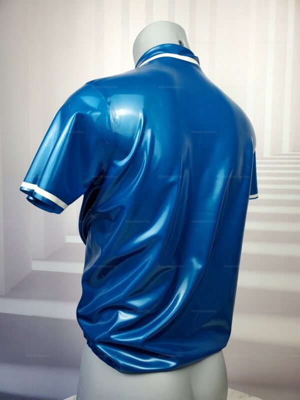 Shiny blue latex shirt with white trim, designed for a bold and daring look.