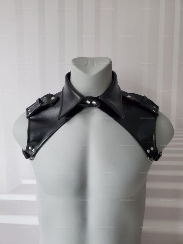 Front view of a black faux leather Shirt-Collar Chest Harness with a pointed collar and buckle details.