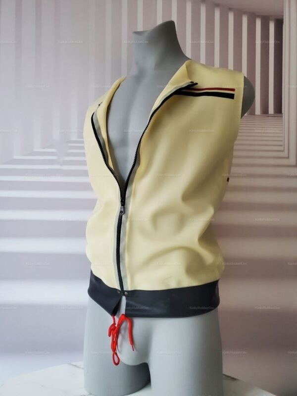 Latex fashion top in yellow and black with a front zipper and red lace detailing.