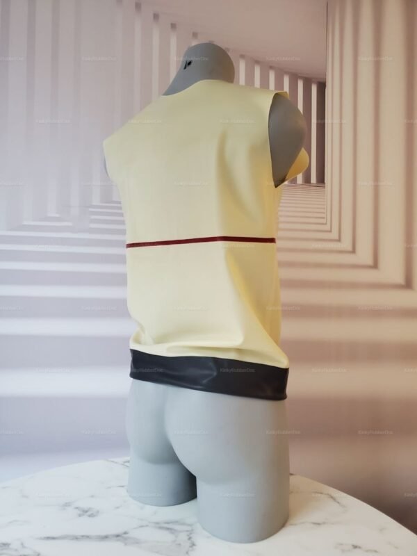 Sleek yellow latex jacket with black and red accents for fetish and roleplay.