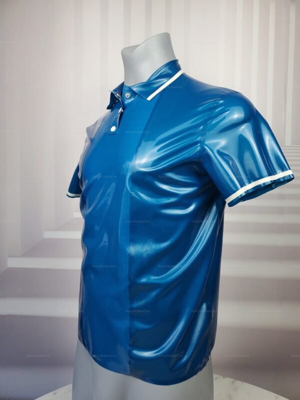 Shiny blue latex polo shirt with white trim details.