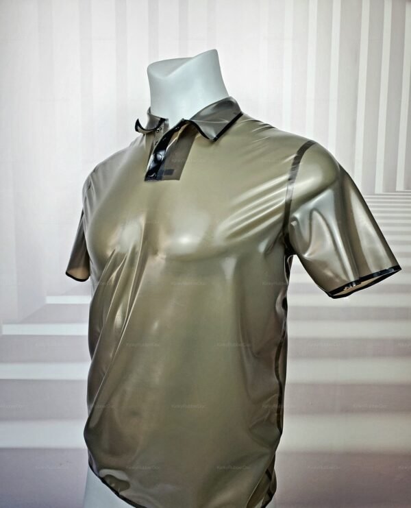 Transparent latex polo shirt with a sleek, glossy finish.
