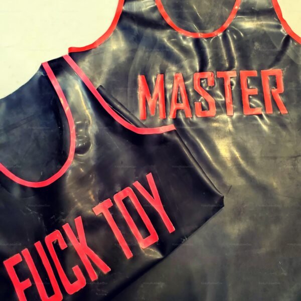 Black Custom Latex Tank Top with bold red lettering, featuring kink-themed text.