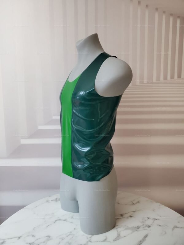 Latex sleeveless shirt with a bold vertical center strap in contrasting green tones.