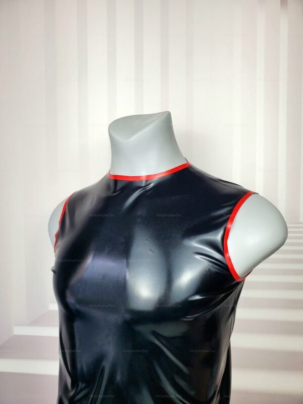 Black Latex T-Shirt  with red contrast trim, designed for fetish fashion enthusiasts.