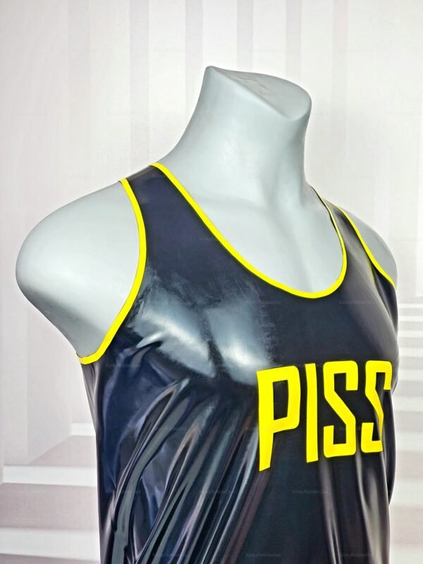 Black latex tank top with bold yellow lettering and trim.