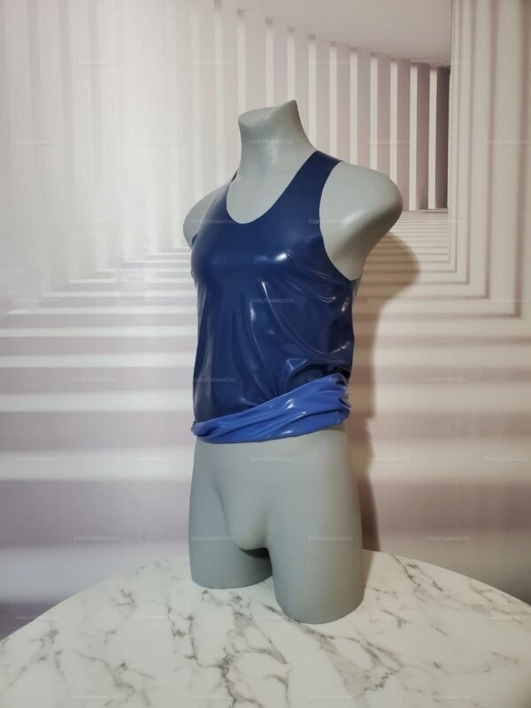 A sleek blue latex tank top with a glossy finish, designed for a bold and edgy look.