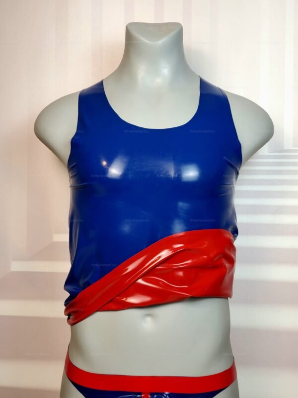 A striking blue and red latex ensemble featuring a tank top and thong, designed for the adventurous.
